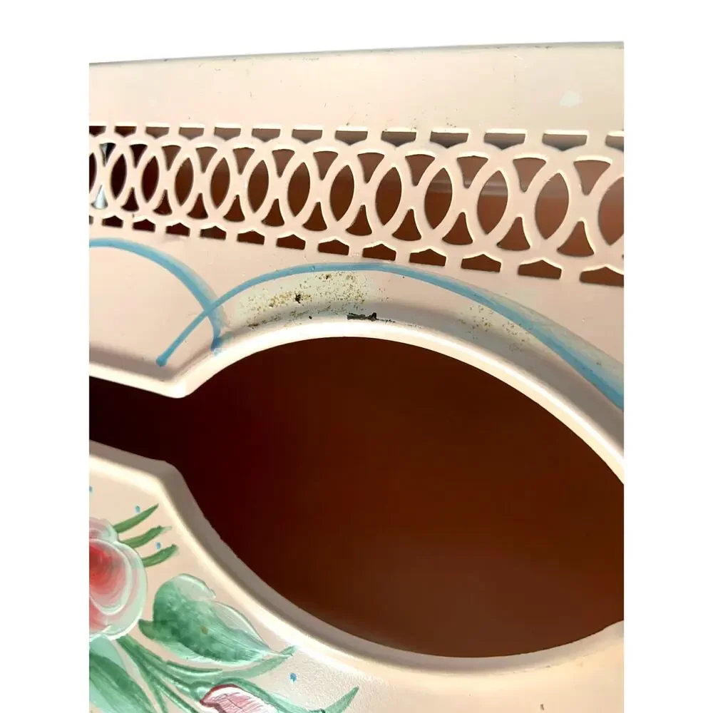 MCM Pink Tissue Box Holder Cover Hand Painted Tole Ware Metal Vanity Bath Vtg